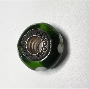VTG 925 Sterling Silver Pandora Murano Glass Charm Green White Flowers For You